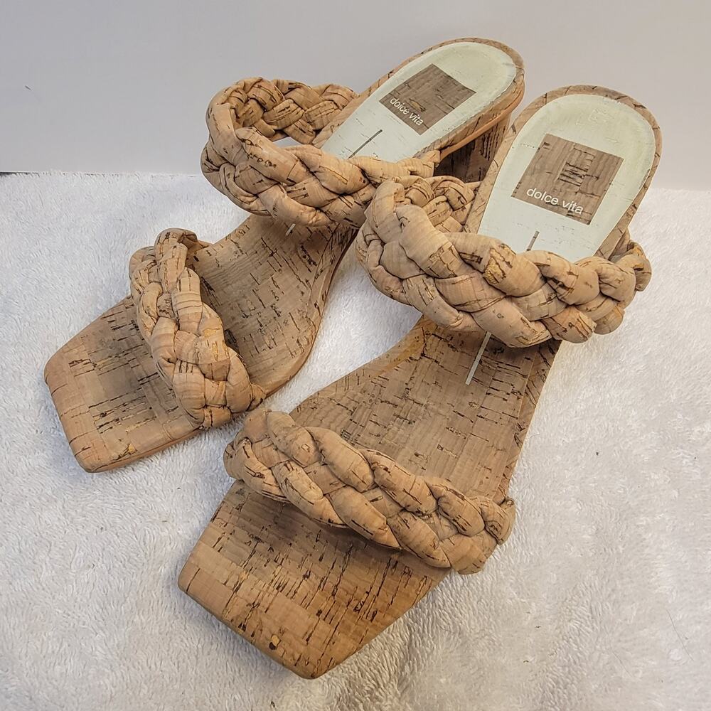 Dolce Vita Cork Woven Braid Heels Slip On 7.5 Tan Mules